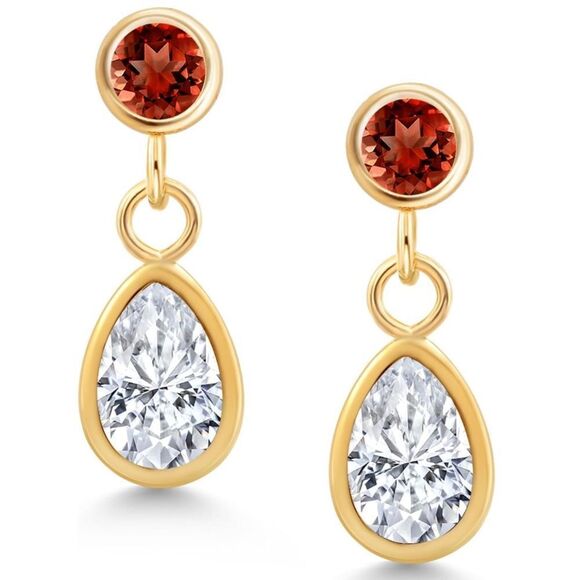 14K Yellow Gold with 1.10 Cttw White Moissanite and Garnet Post Back Earrings